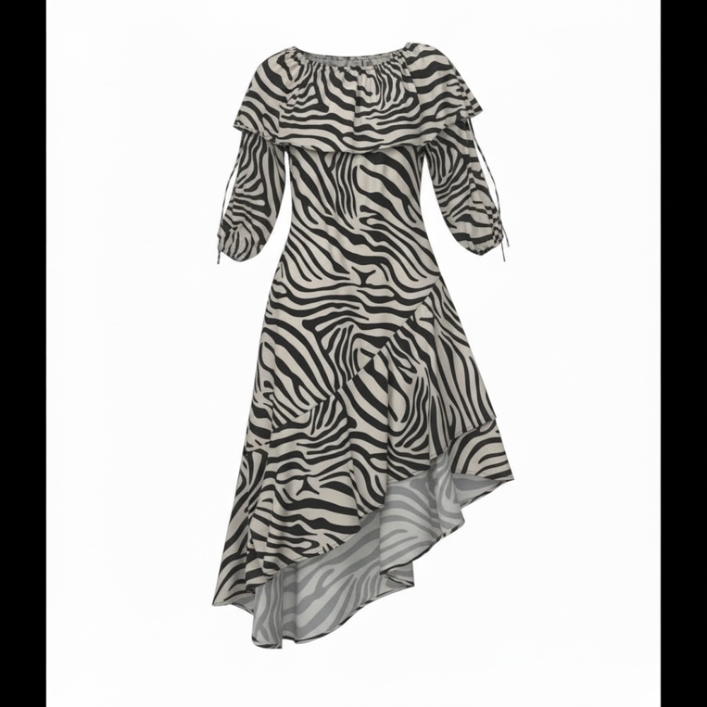 S.DEER Zebra Print Off-Shoulder Maxi Dress, Flowy, Ruffle Sleeves Chic -NWT - Picture 3 of 4